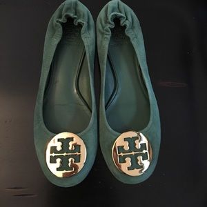 Tory Burch "Reva" suede flats. Green w/ gold - 8.5