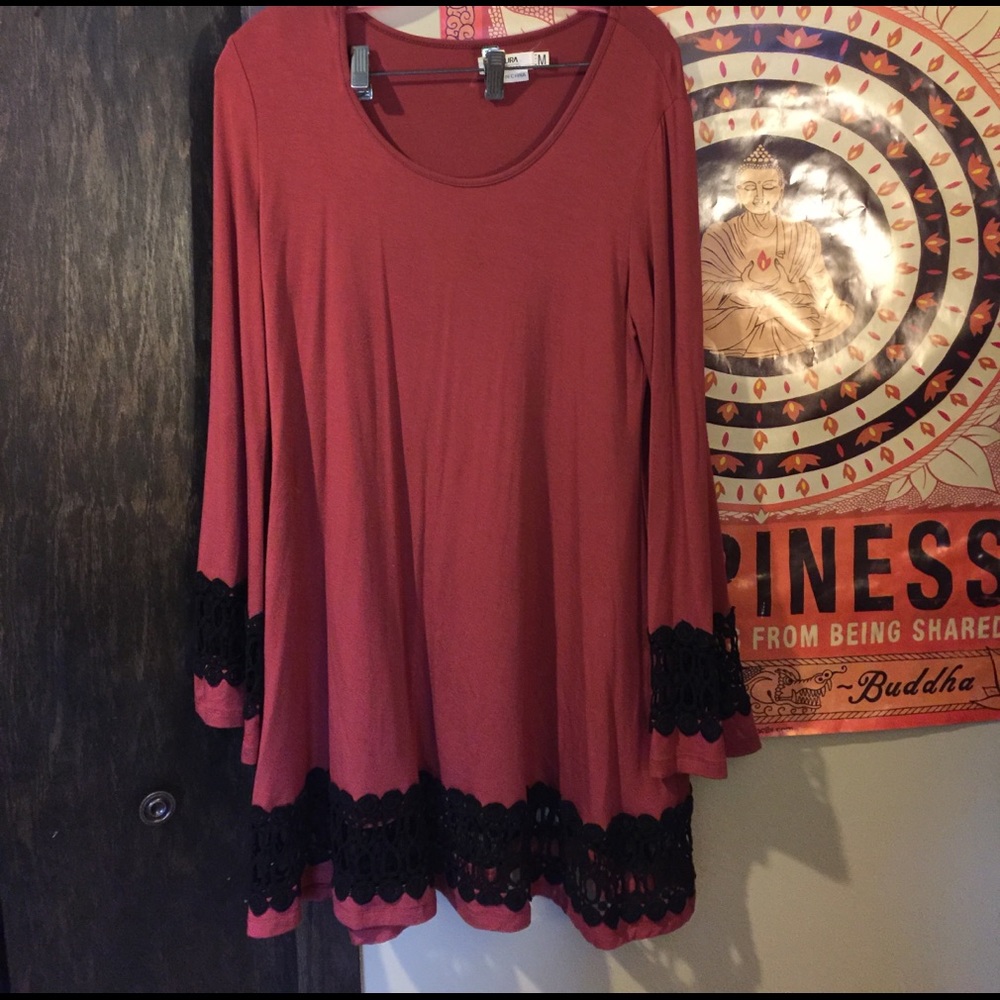 Burnt orange bell sleeve crochet dress