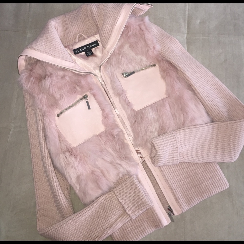 Rabbit fur & leather pink sweater