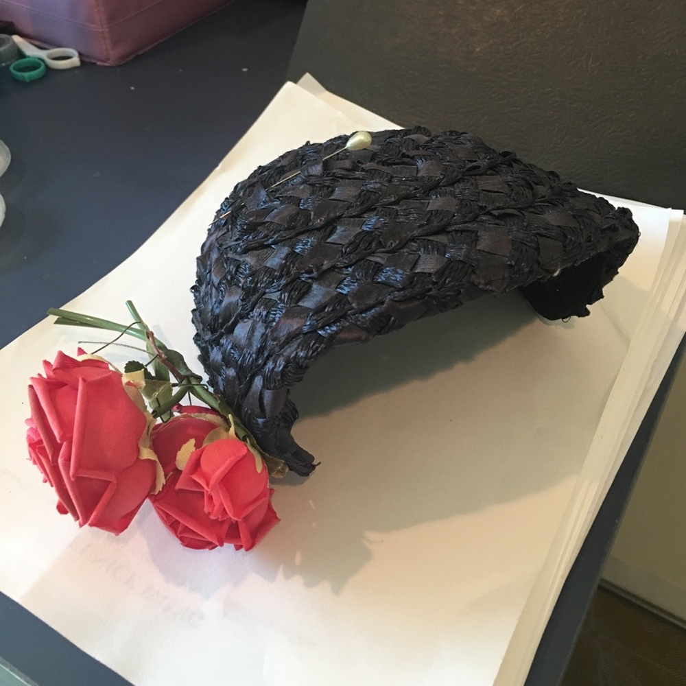 Vintage Tweed blue Fascinator with roses