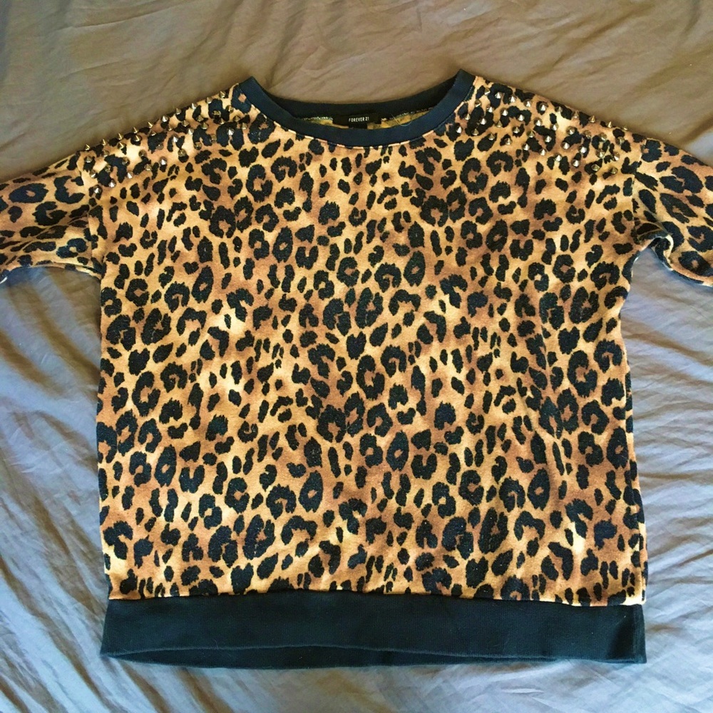 Cheetah Print Studded Shoulder Sweater