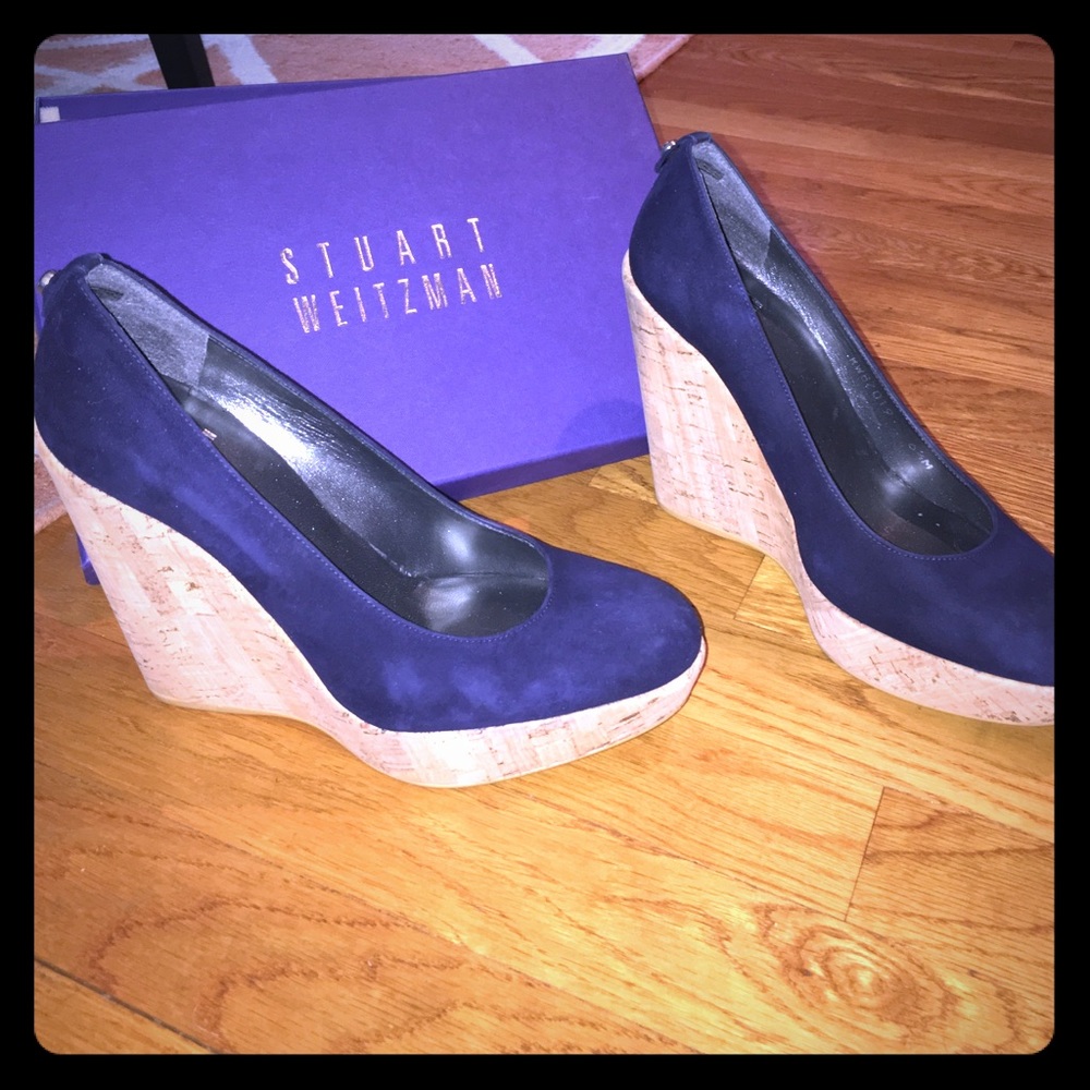 Stuart Weitzman navy and cork wedges