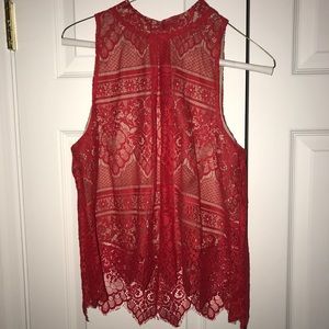 Red lace, high neck crop top
