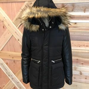 🔥Zara Men's black hooded parka coat faux fur trim