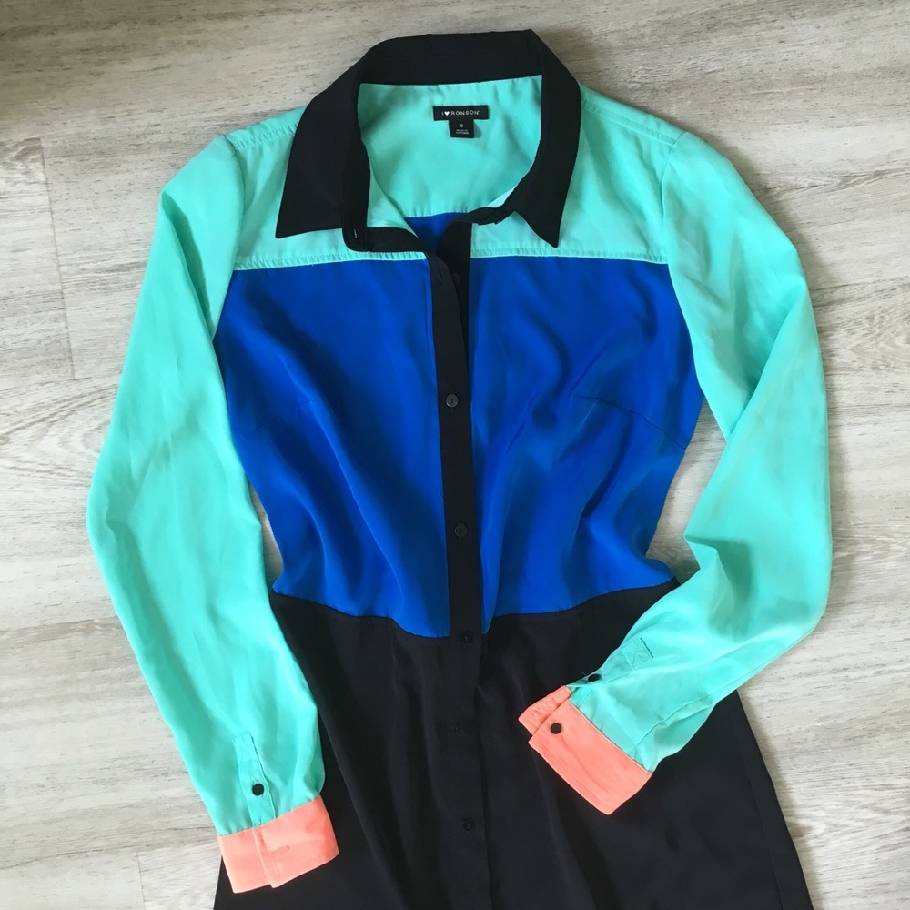 Colorblock Shirt Dress Blue, Black & Peach