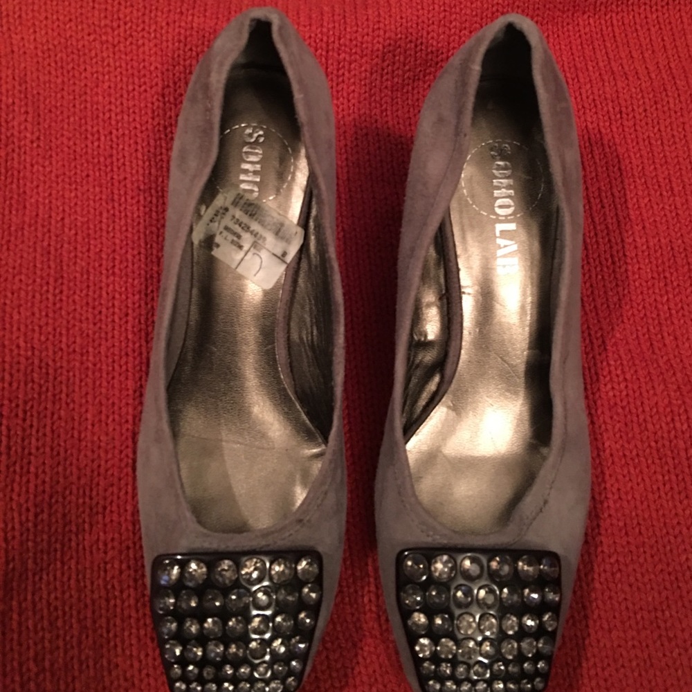 Gray Suede Shoes with Rhinestone Buckle & wedge