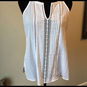 White Summer Tank w/ Lace & Pleating Detail