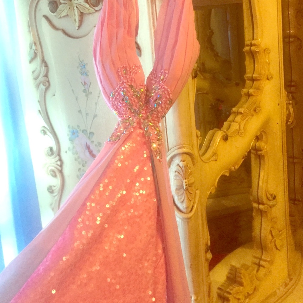 Long pink & blue ballroom dress