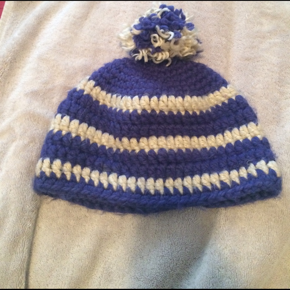 Hand knit blue/white winter hat