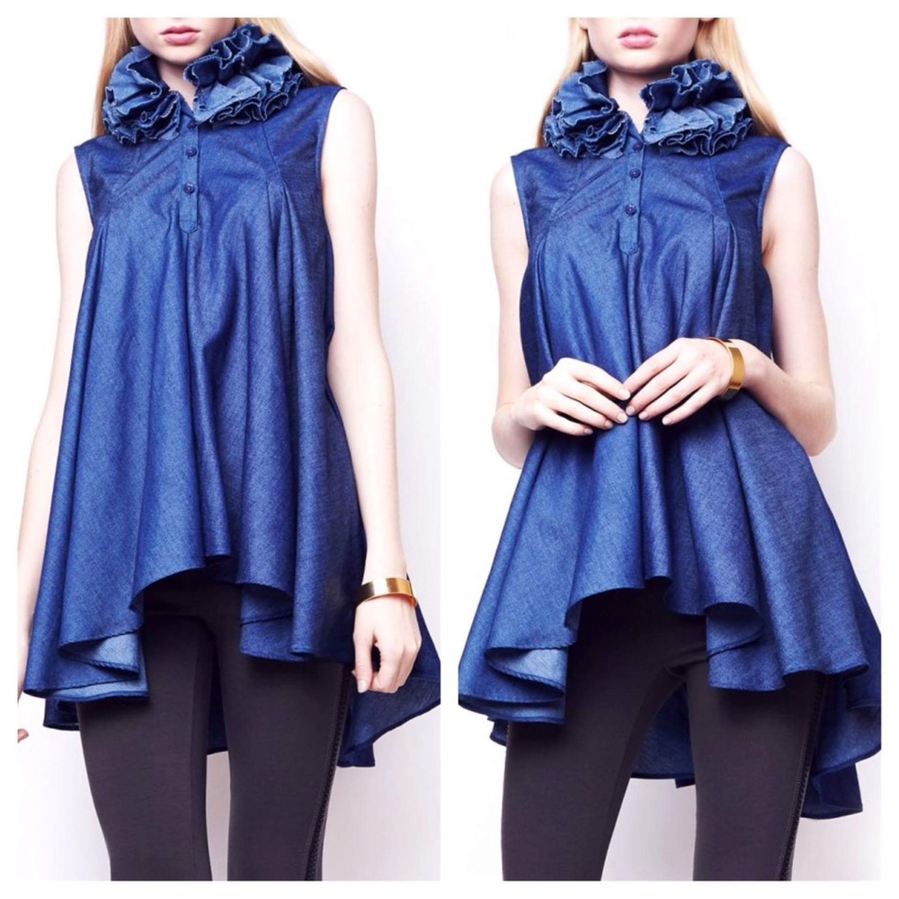 Denim tunic with stand up ruffle collar