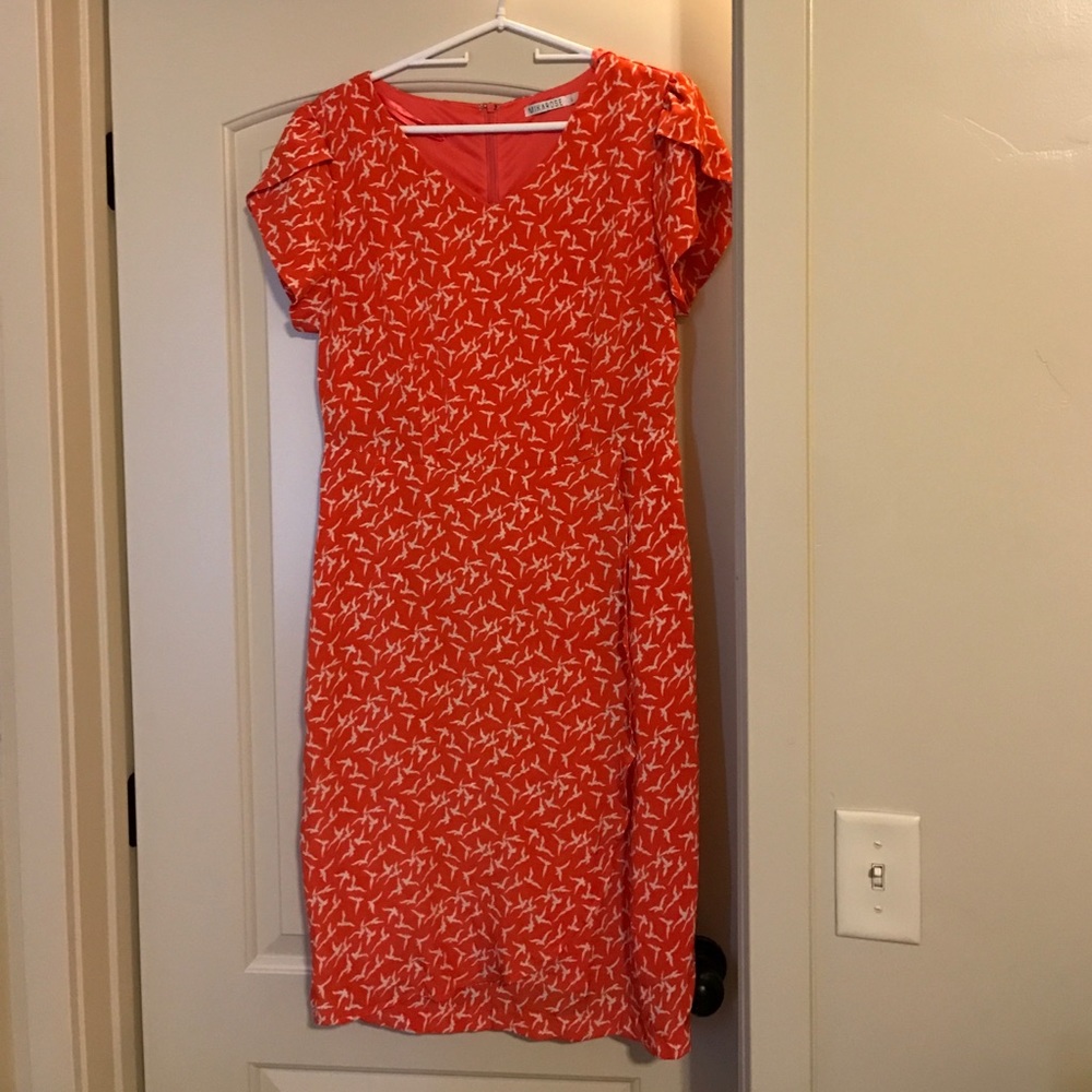 Orange bird printed knee length dress.