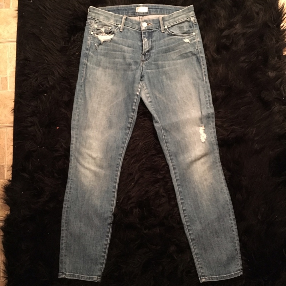 MOTHER light wash distressed ankle skinny
