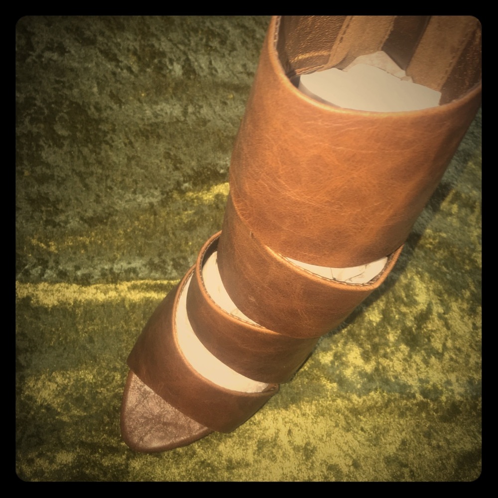 Brown open toe booties