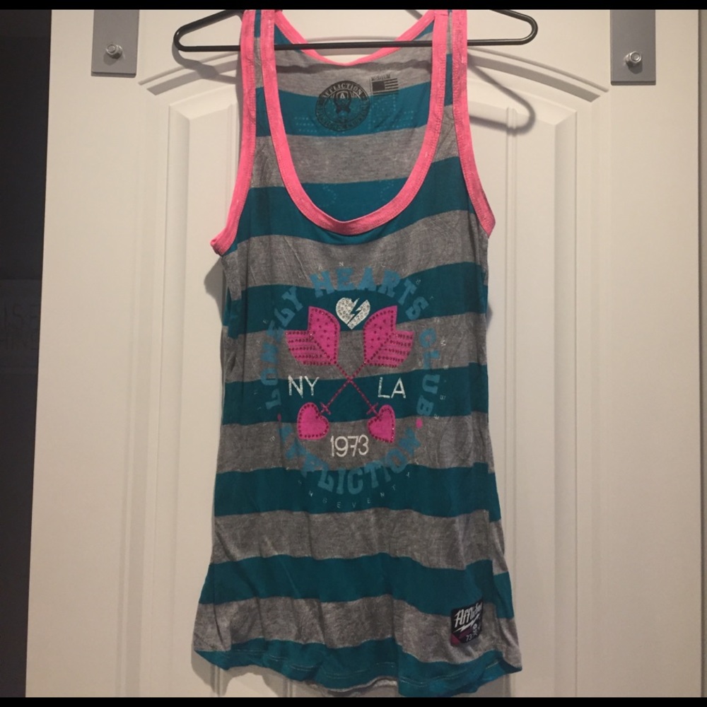 Affliction brand tank. Teal, gray & pink. Size M.