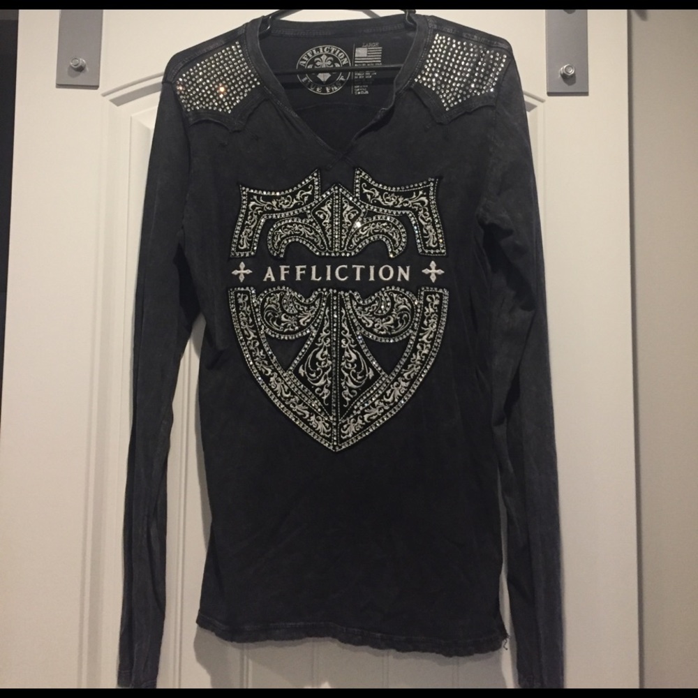 Large Affliction long sleeve tee with rhinestones
