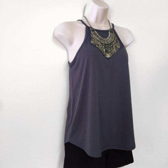 GRAY HALTER TOP W/ MESH CHEST - Picture 2 of 4