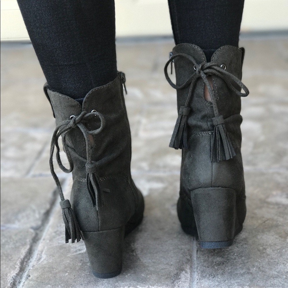 Military Green Fringe Tassel Wedge Slouch Boots - Picture 2 of 6