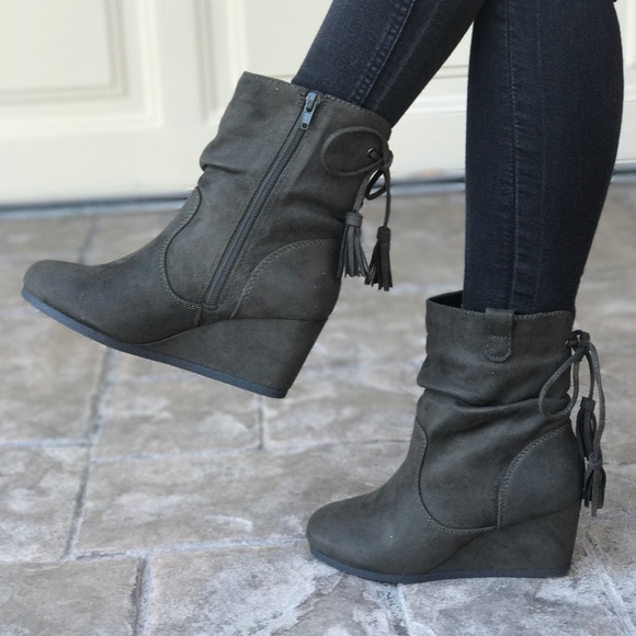 Boutique Shoes - Military Green Fringe Tassel Wedge Slouch Boots