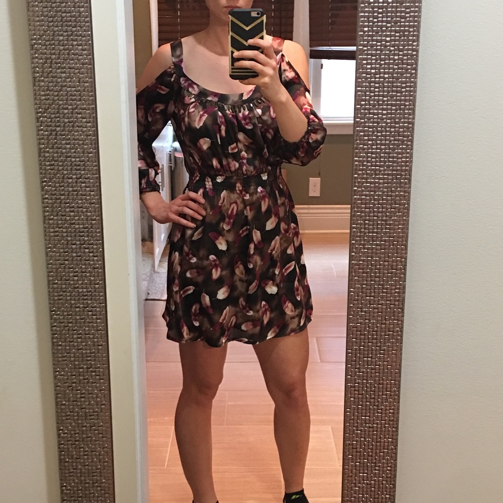 2bebe feather cold-shoulder dress