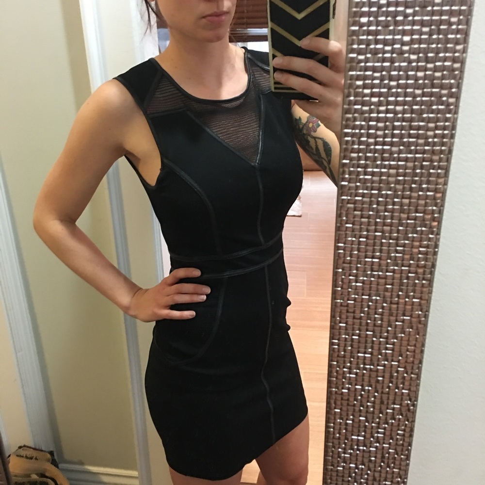 Bebe black dress with leather and netting detail