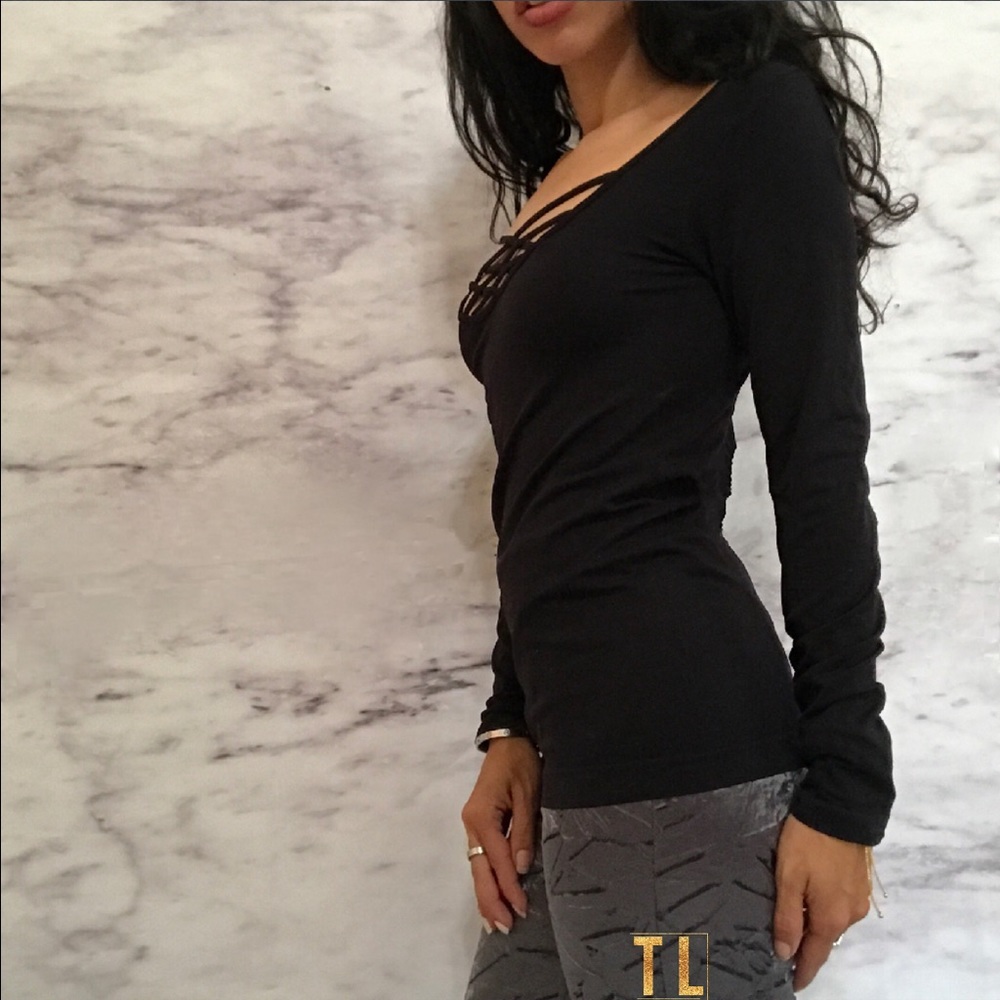 Black Caged strappy bodycon edgy long sleeve top - Picture 2 of 3