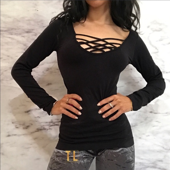 Tops - Black Caged strappy bodycon edgy long sleeve top
