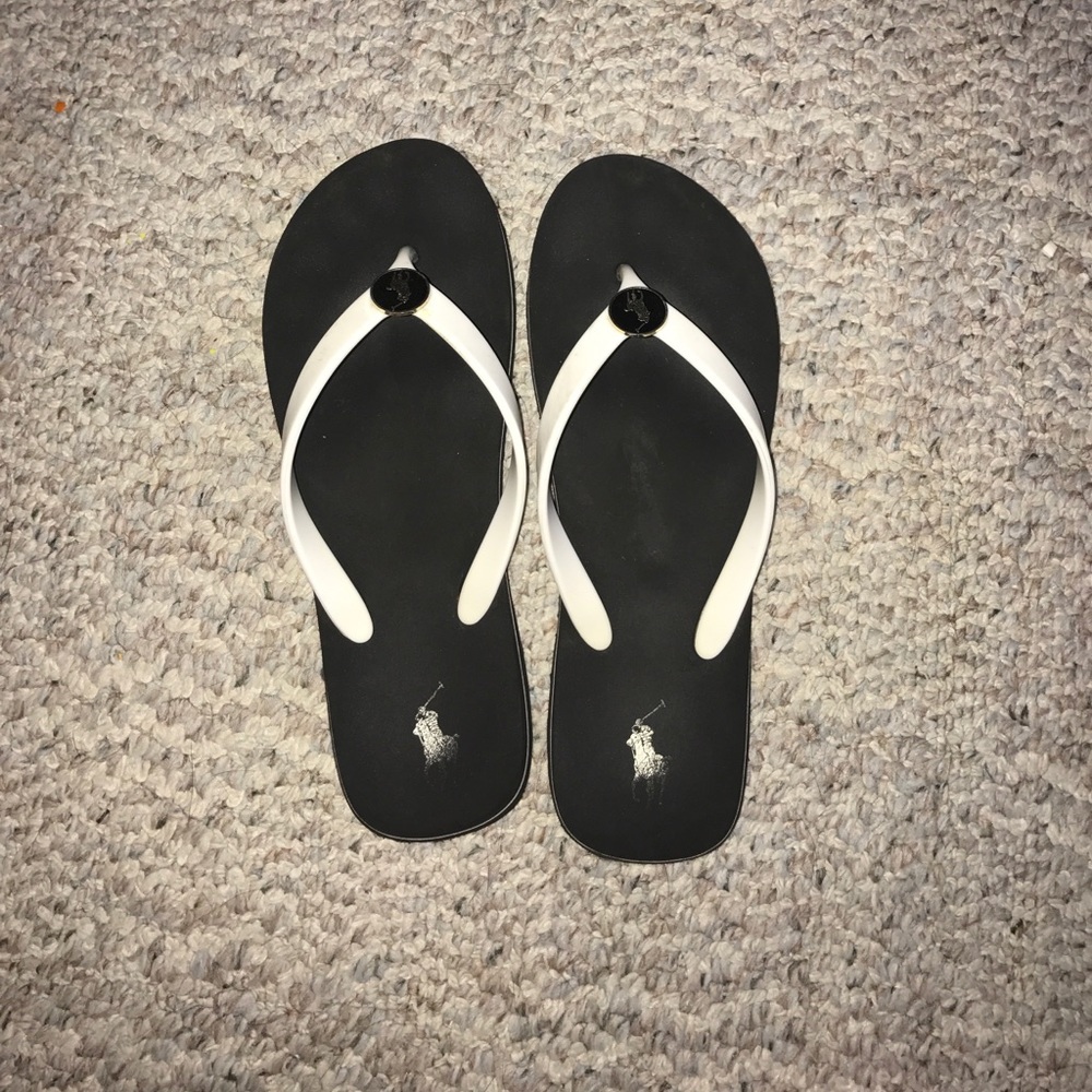 black and white polo flip flops