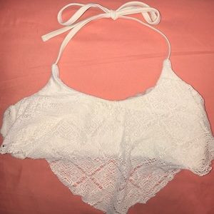 women's white crocheted flounce swim top