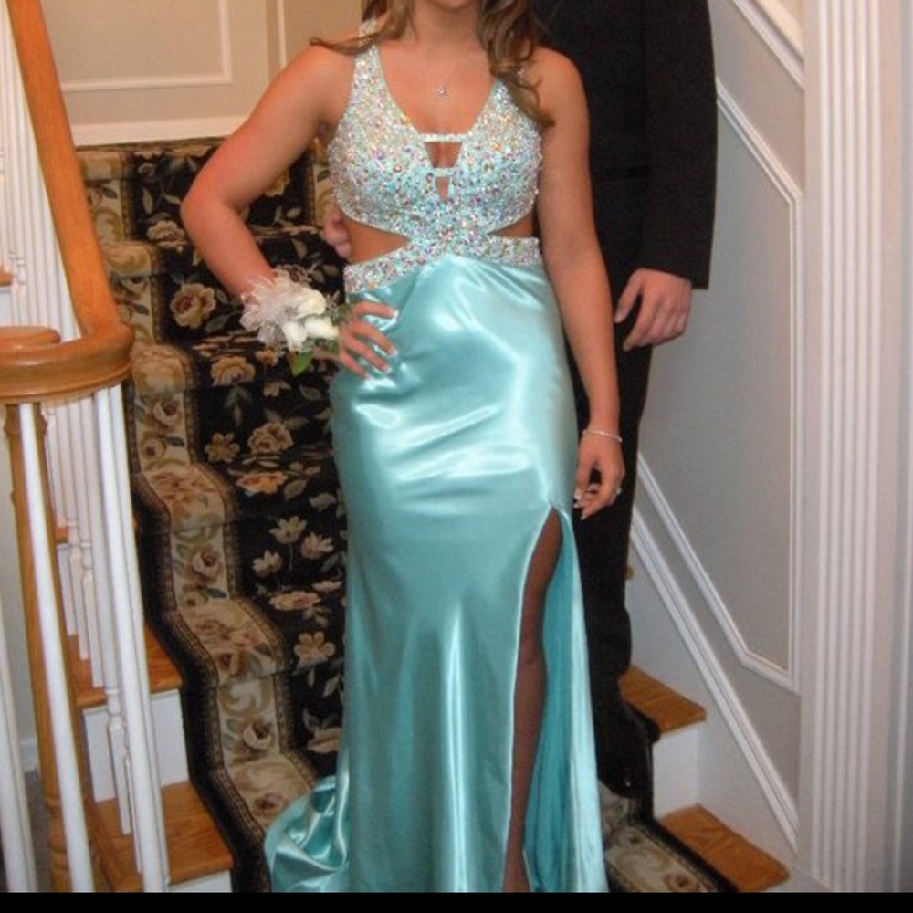 aqua satin beaded and cut out prom dress size 2