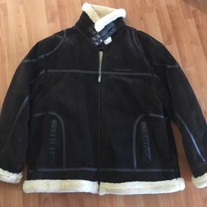 Brown suede coat with leather and fur trim