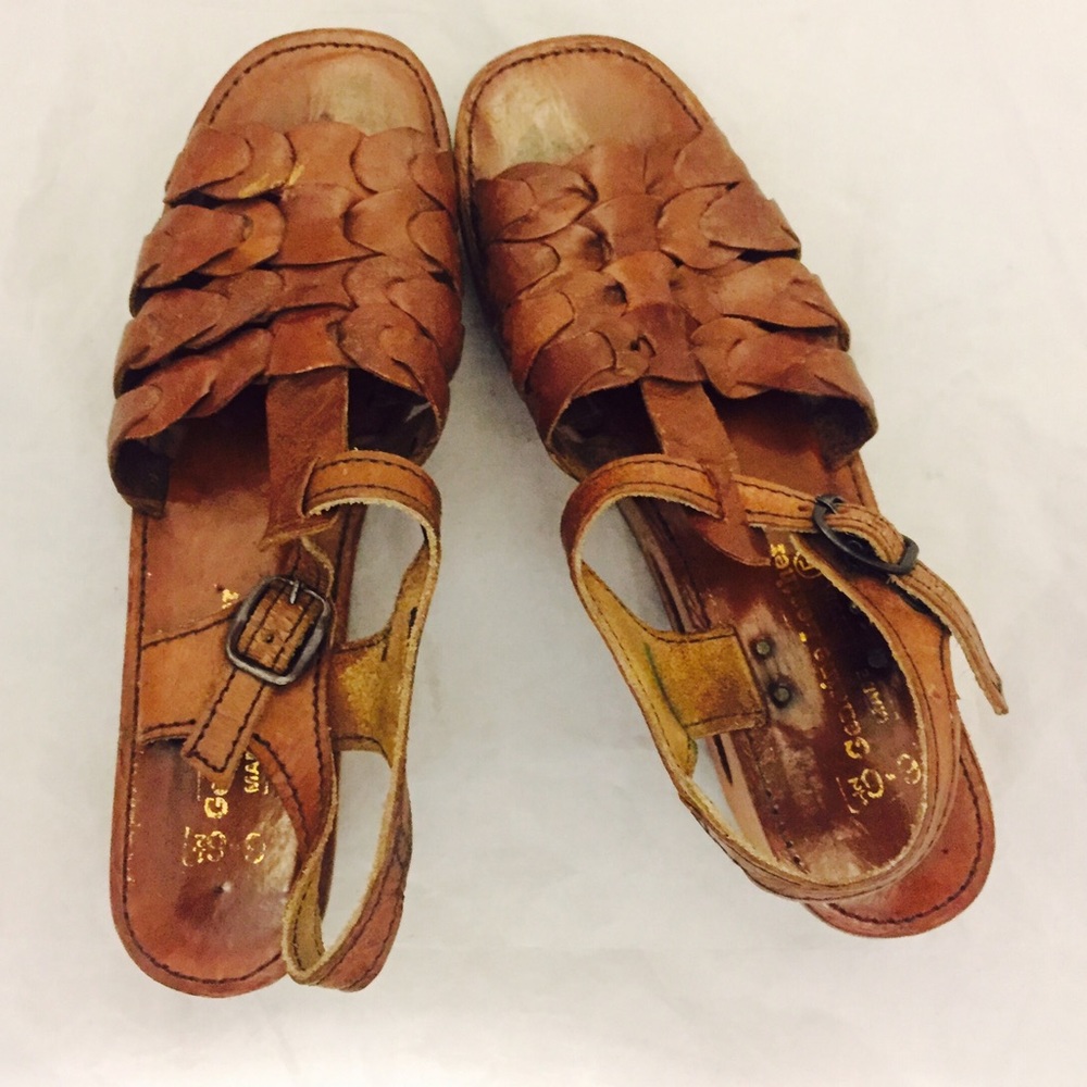 SOLD 70s Sandals Clogs Platform Wedge Wooden 6.5 - Picture 3 of 5