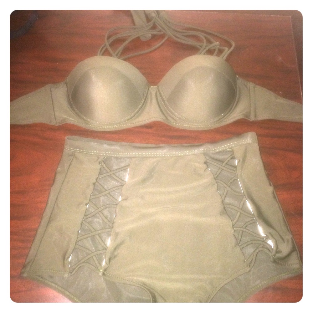 Olive green, strappy, high waisted bathing suit