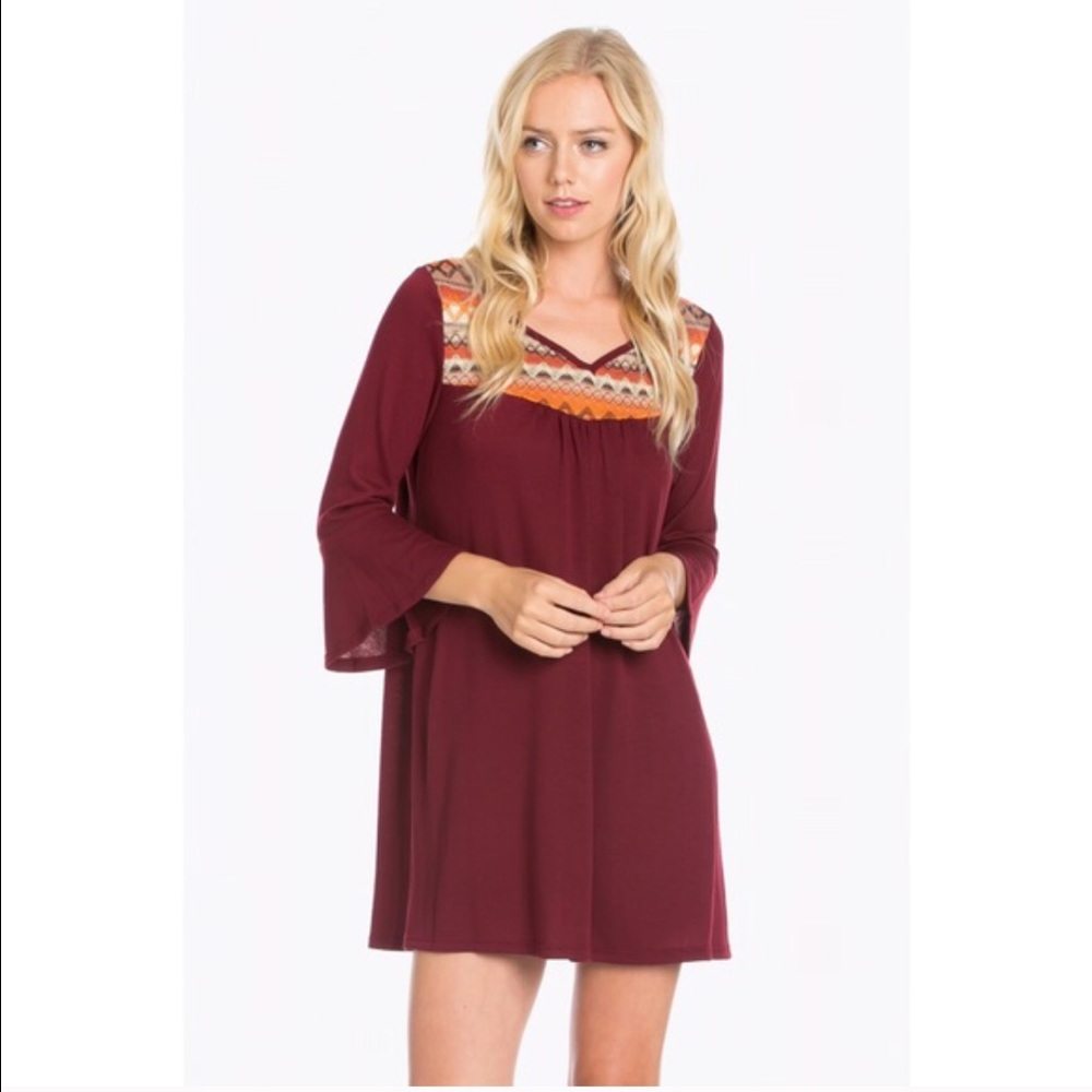Bell Sleeve Burgundy Dress - Picture 2 of 3