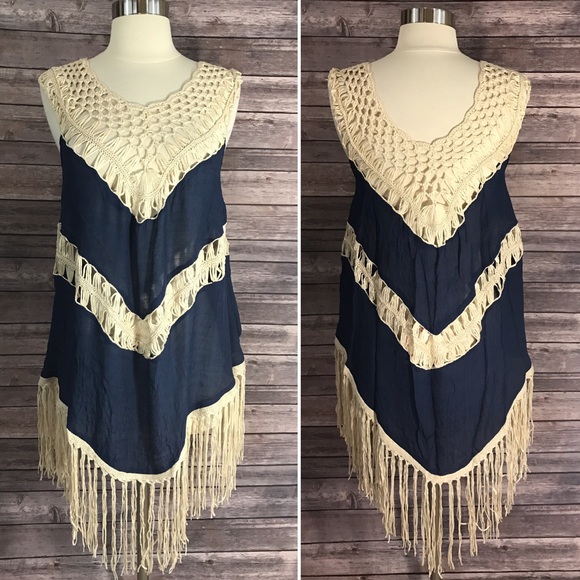 Umgee Tunic Dress Crochet Fringe Boho Style Hippy - Picture 3 of 4