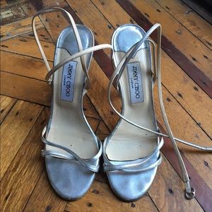 Silver Jimmy Choo ankle wrap stilettos