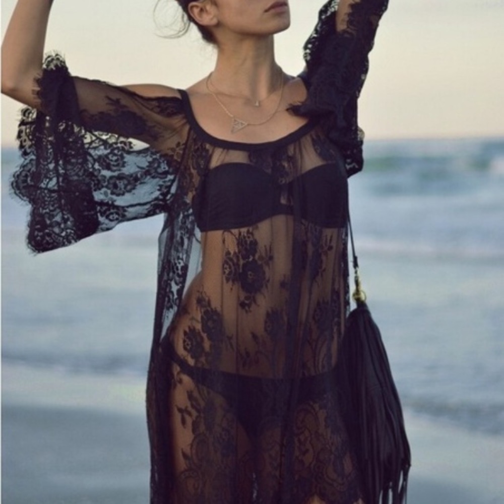 Black lace open shoulder boho coverup/dress - Picture 2 of 8
