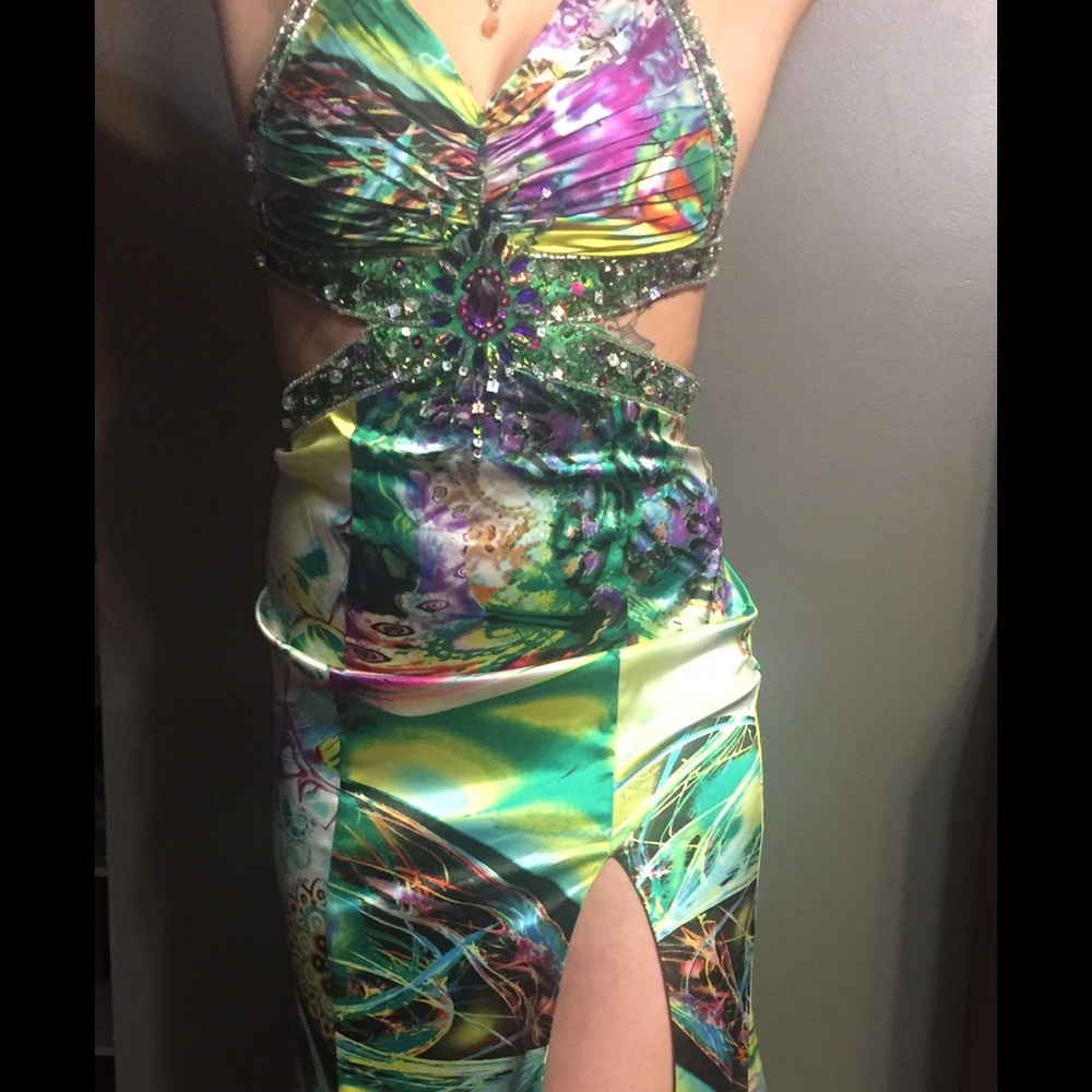 Multicolored Long Jeweled Prom Dress