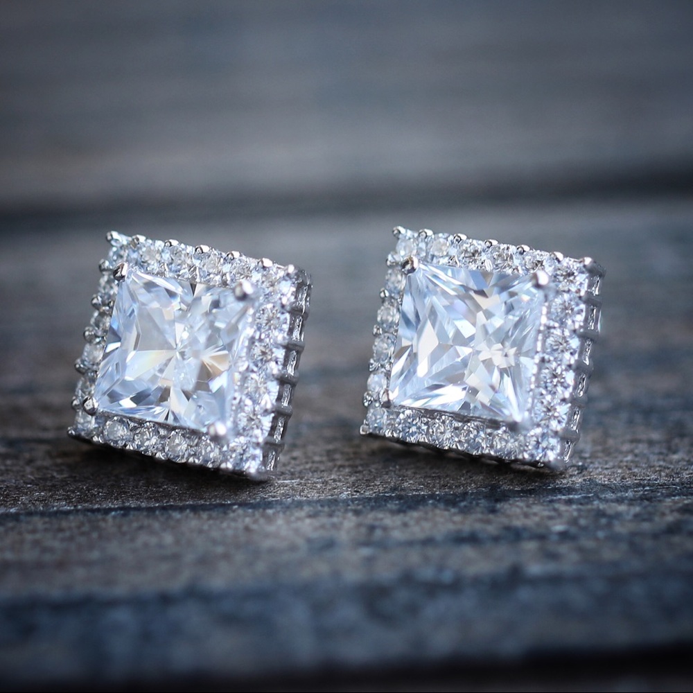 Square Princess Cut Silver Earrings