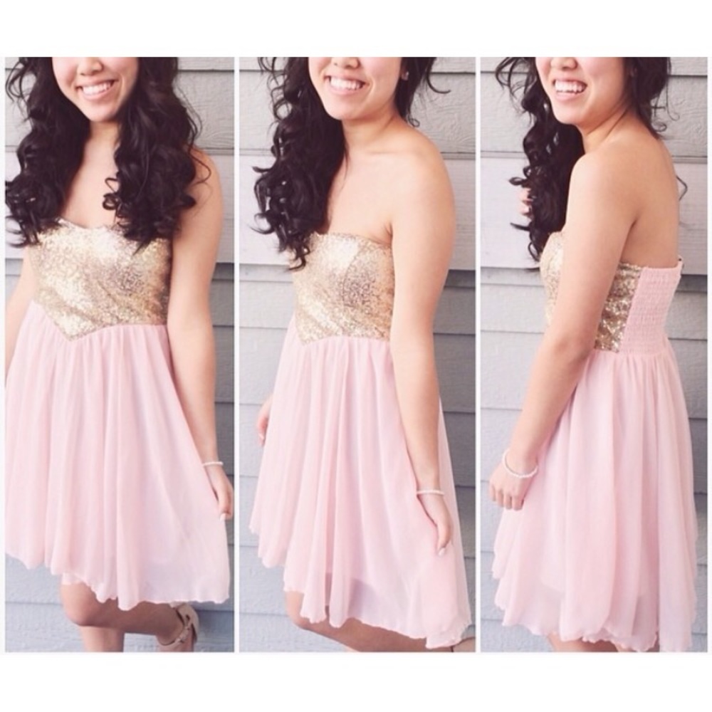 Pink & Gold Strapless Sequin Dress