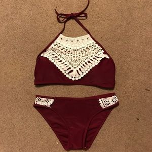Burgundy Crochet Lace Yoke Bikini Sets