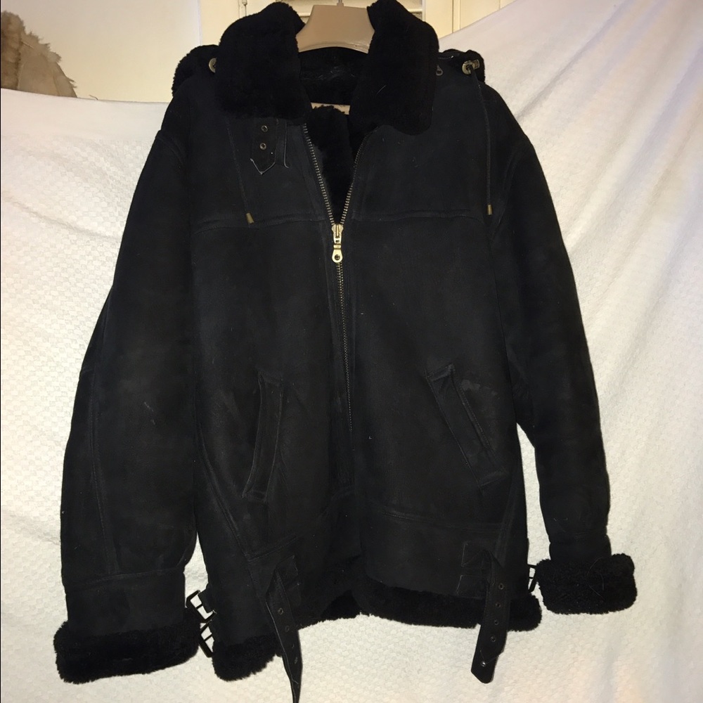 100% blk sheepskin bomber/hood $225.00