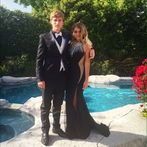 Jeweled double slitted black dress