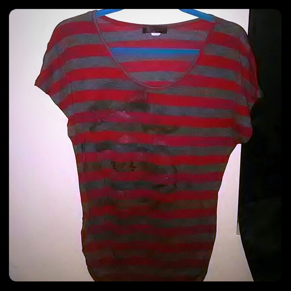Shirt red and dark gray stripes and flower picture