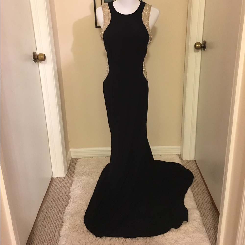 Xscape Black Beaded Illusion Prom Dress