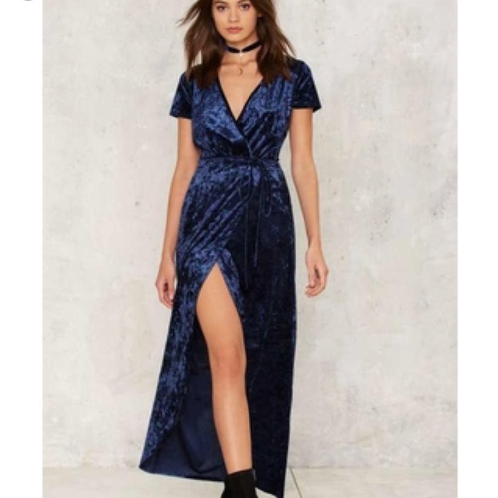 Crushed velvet navy wrap dress from Nasty Gal