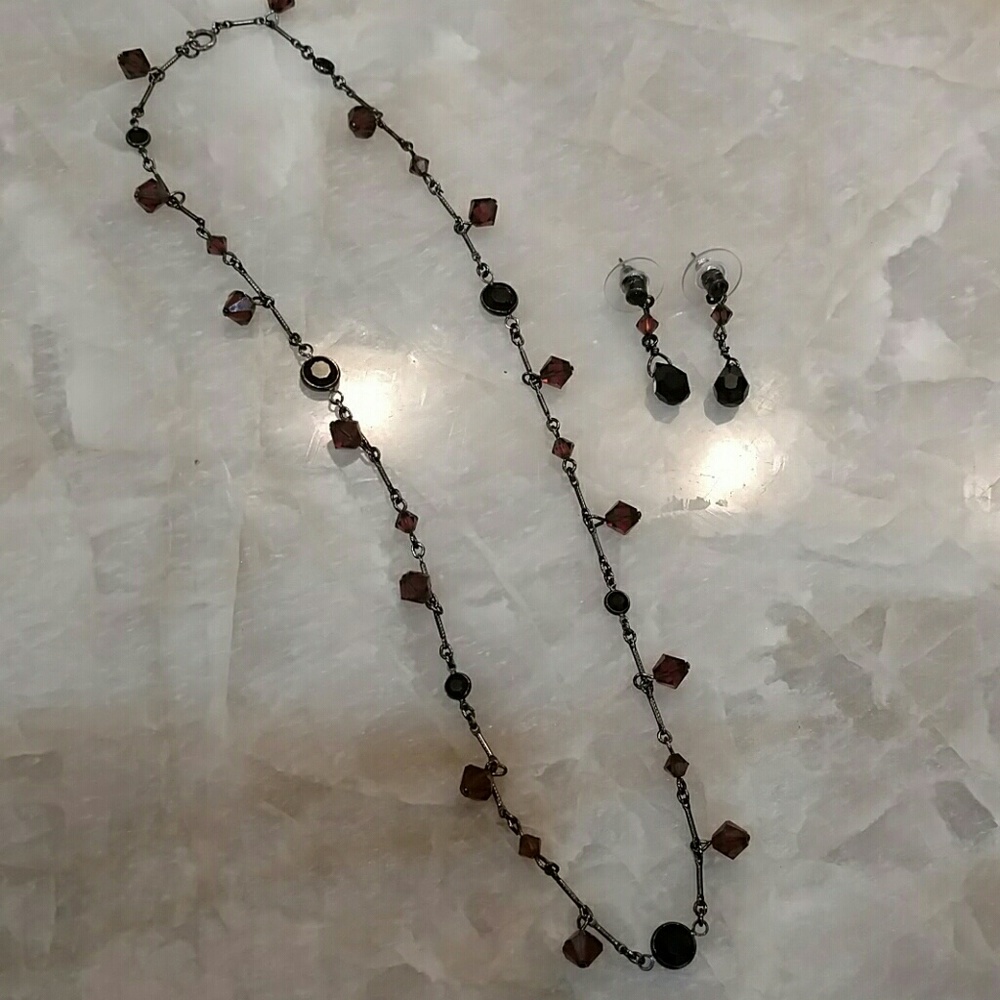 Choker style black jet bead necklace & earrings