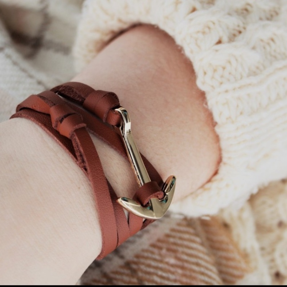 Brown leather wrap anchor bracelet necklace