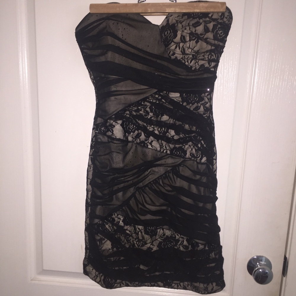 little black strapless sheer lace dress