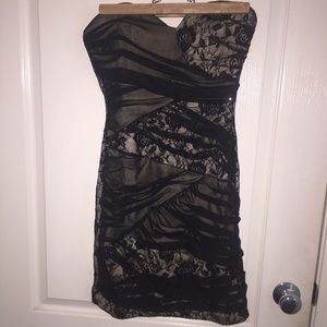 little black strapless sheer lace dress