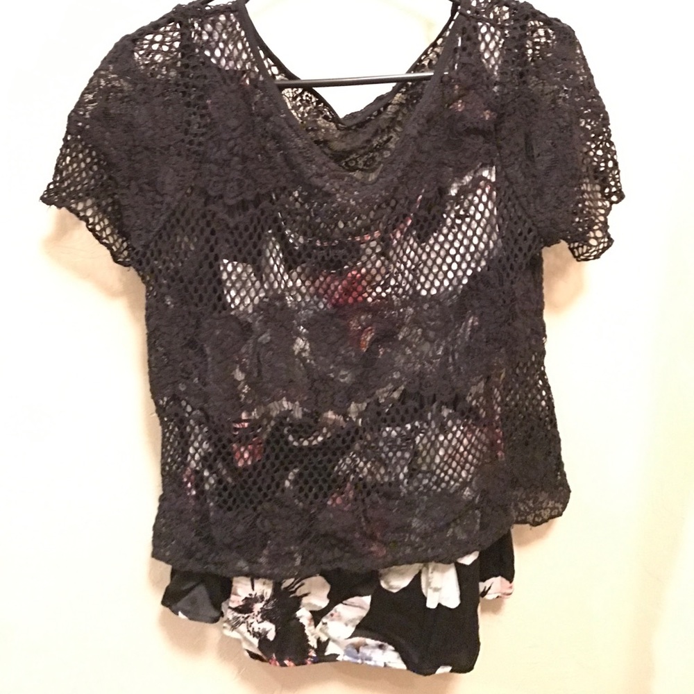 WHBM Floral Sleeveless Top w/ Lace Overlay